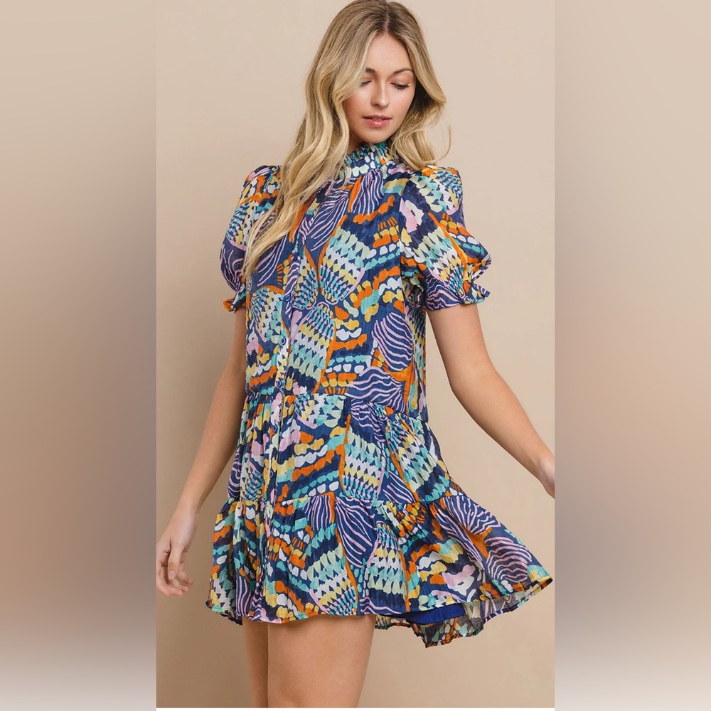 TCEC Multi Color Abstract Print Ruffle Neck Tiered Mini Dress Large - Picture 2 of 7